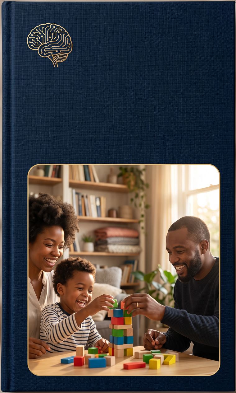 Capa do livro Meu Filho É Neurodivergente, de João Alcântara: família reunida à mesa brincando com blocos de montar coloridos